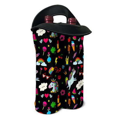 Black Girly Unicorn Pattern Print Double Neoprene Wine Tote