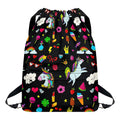 Black Girly Unicorn Pattern Print Drawstring Backpack