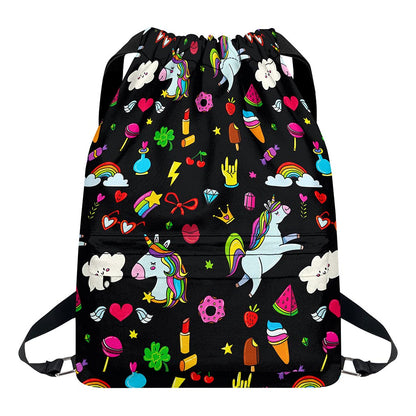Black Girly Unicorn Pattern Print Drawstring Backpack
