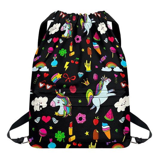 Black Girly Unicorn Pattern Print Drawstring Backpack