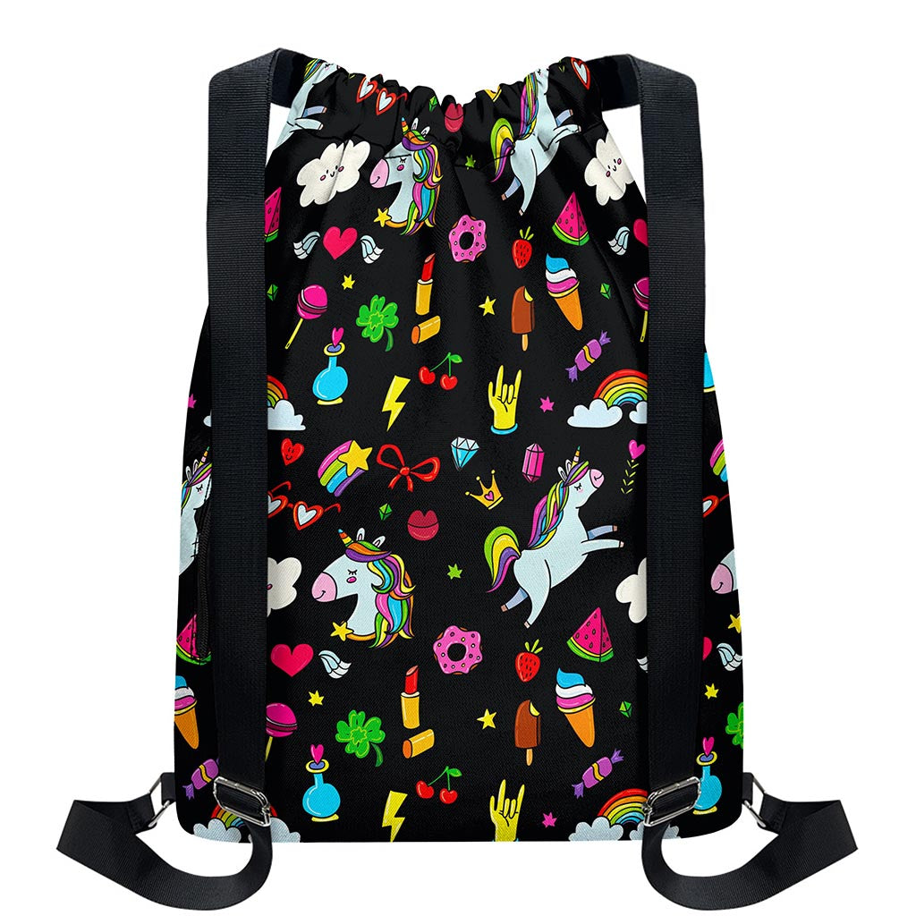 Black Girly Unicorn Pattern Print Drawstring Backpack