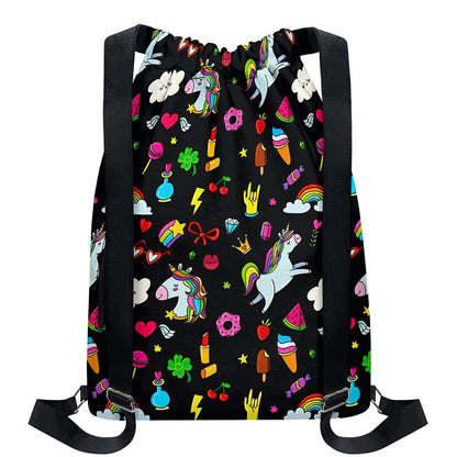 Black Girly Unicorn Pattern Print Drawstring Backpack