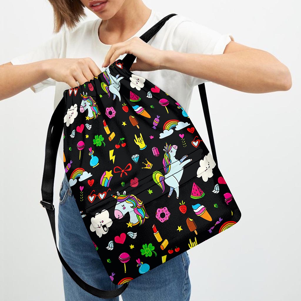 Black Girly Unicorn Pattern Print Drawstring Backpack