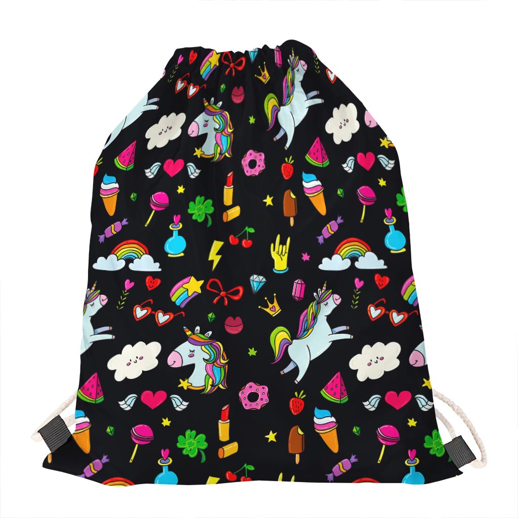Black Girly Unicorn Pattern Print Drawstring Bag