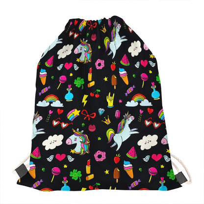 Black Girly Unicorn Pattern Print Drawstring Bag