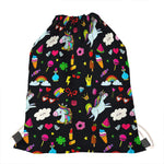 Black Girly Unicorn Pattern Print Drawstring Bag