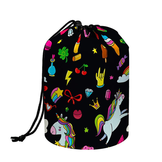 Black Girly Unicorn Pattern Print Drawstring Makeup Bag