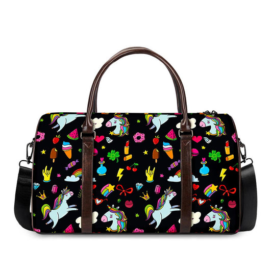 Black Girly Unicorn Pattern Print Duffle Bag