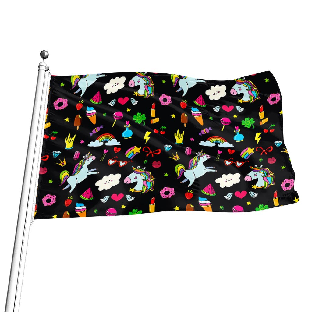Black Girly Unicorn Pattern Print Flag