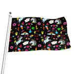 Black Girly Unicorn Pattern Print Flag