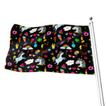 Black Girly Unicorn Pattern Print Flag