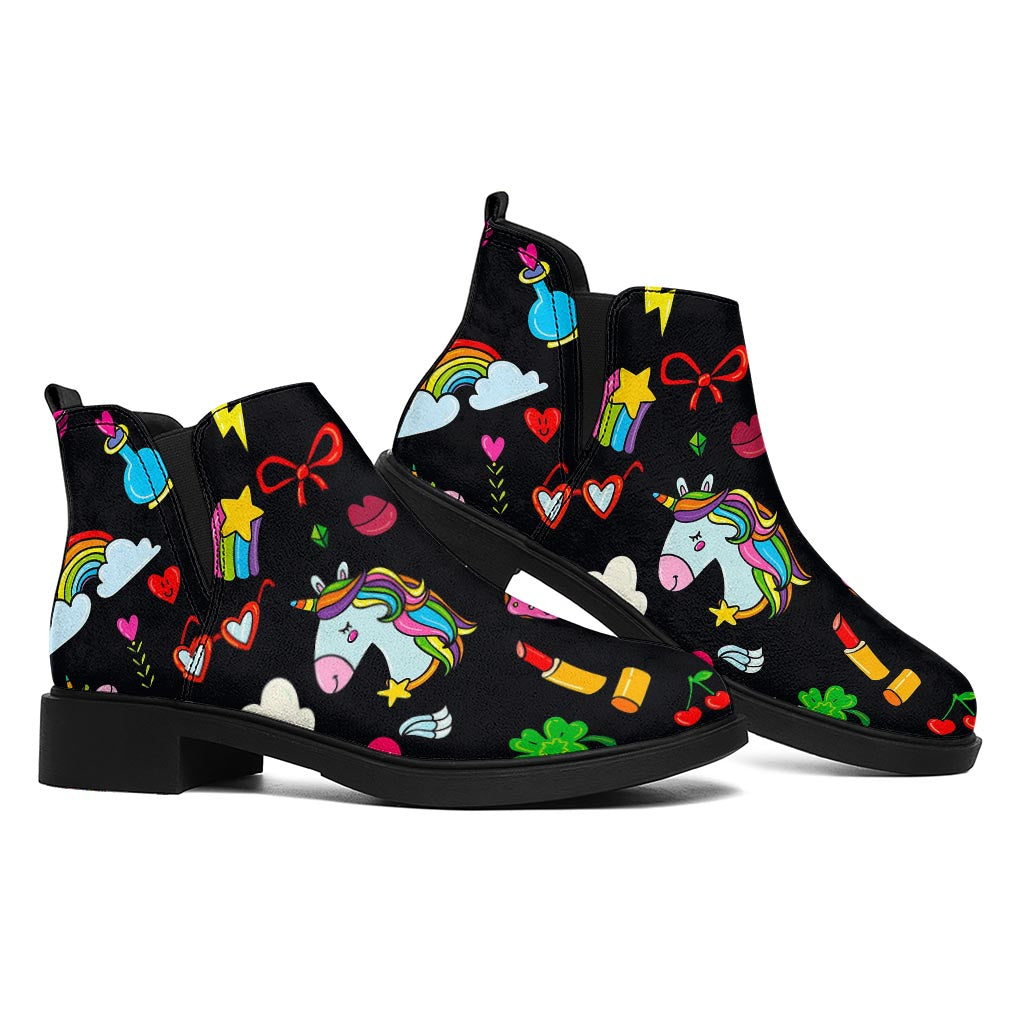 Black Girly Unicorn Pattern Print Flat Ankle Boots