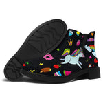 Black Girly Unicorn Pattern Print Flat Ankle Boots