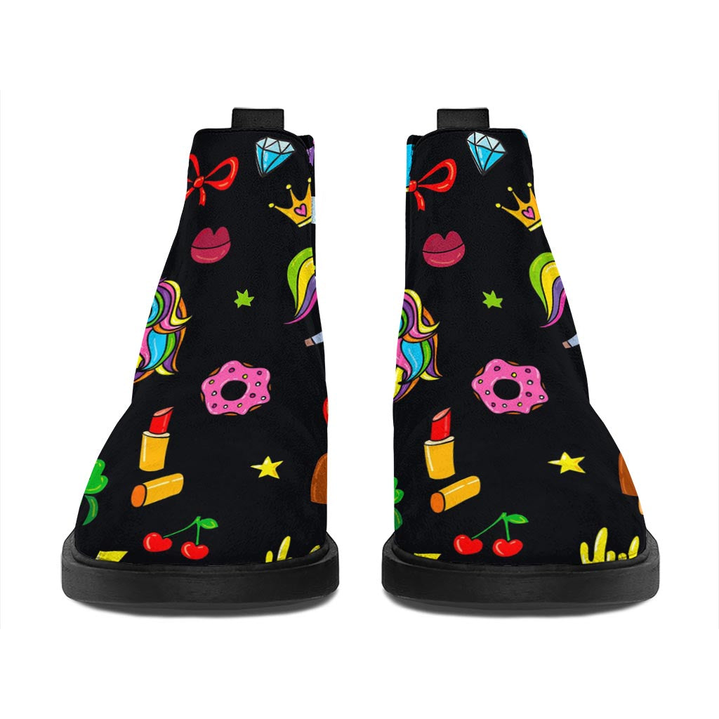 Black Girly Unicorn Pattern Print Flat Ankle Boots