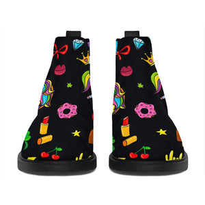 Black Girly Unicorn Pattern Print Flat Ankle Boots