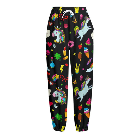 Black Girly Unicorn Pattern Print Fleece Lined Knit Pants