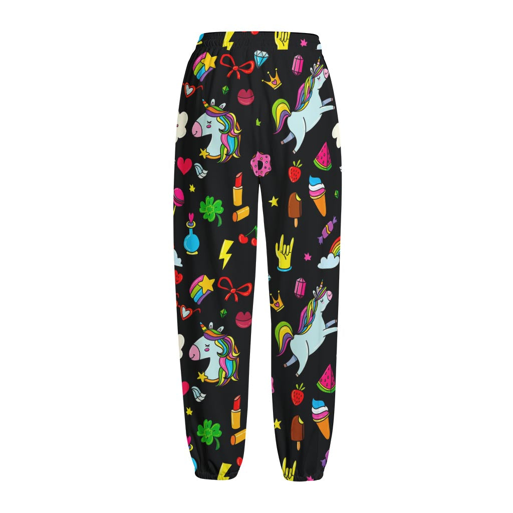 Black Girly Unicorn Pattern Print Fleece Lined Knit Pants