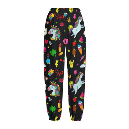 Black Girly Unicorn Pattern Print Fleece Lined Knit Pants