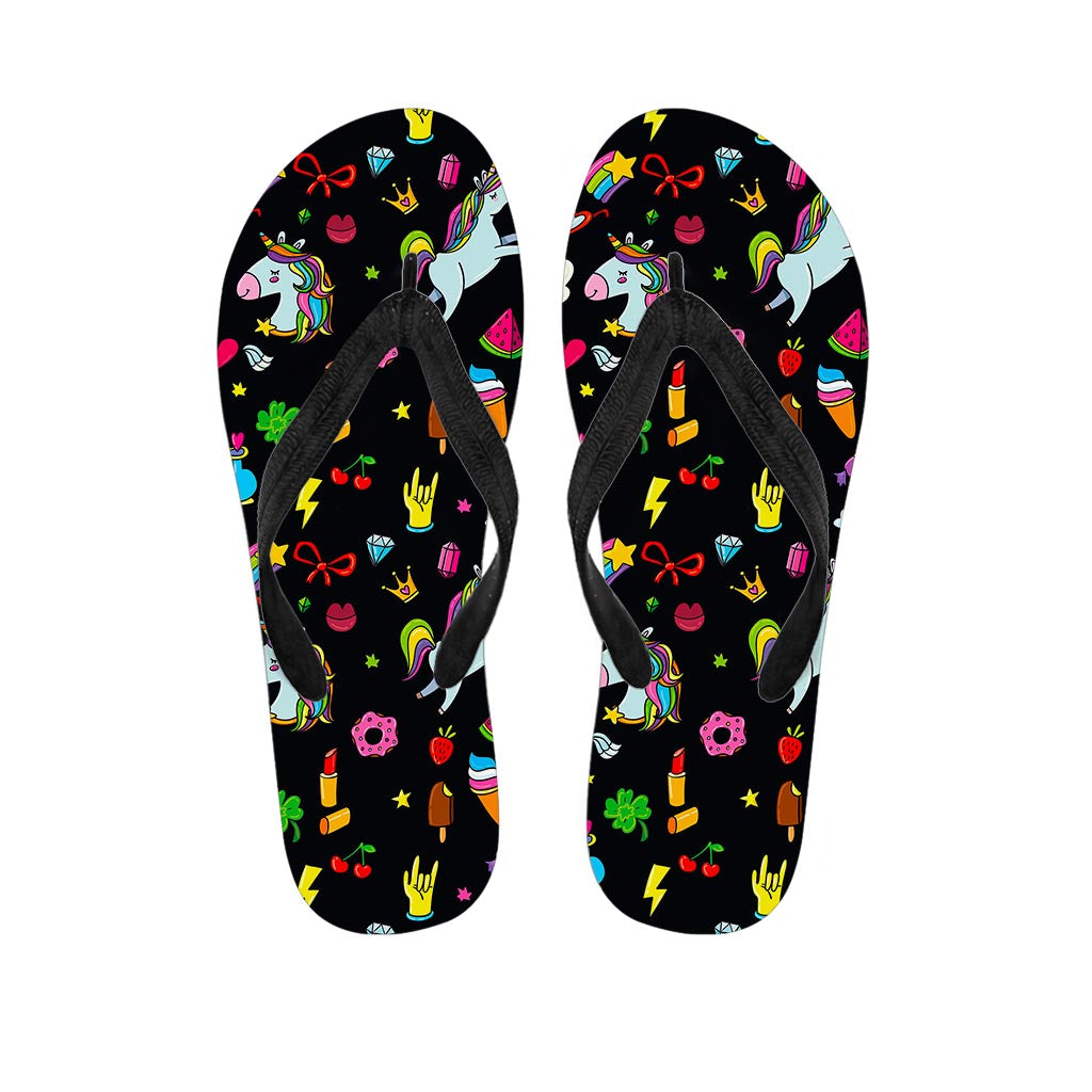 Black Girly Unicorn Pattern Print Flip Flops