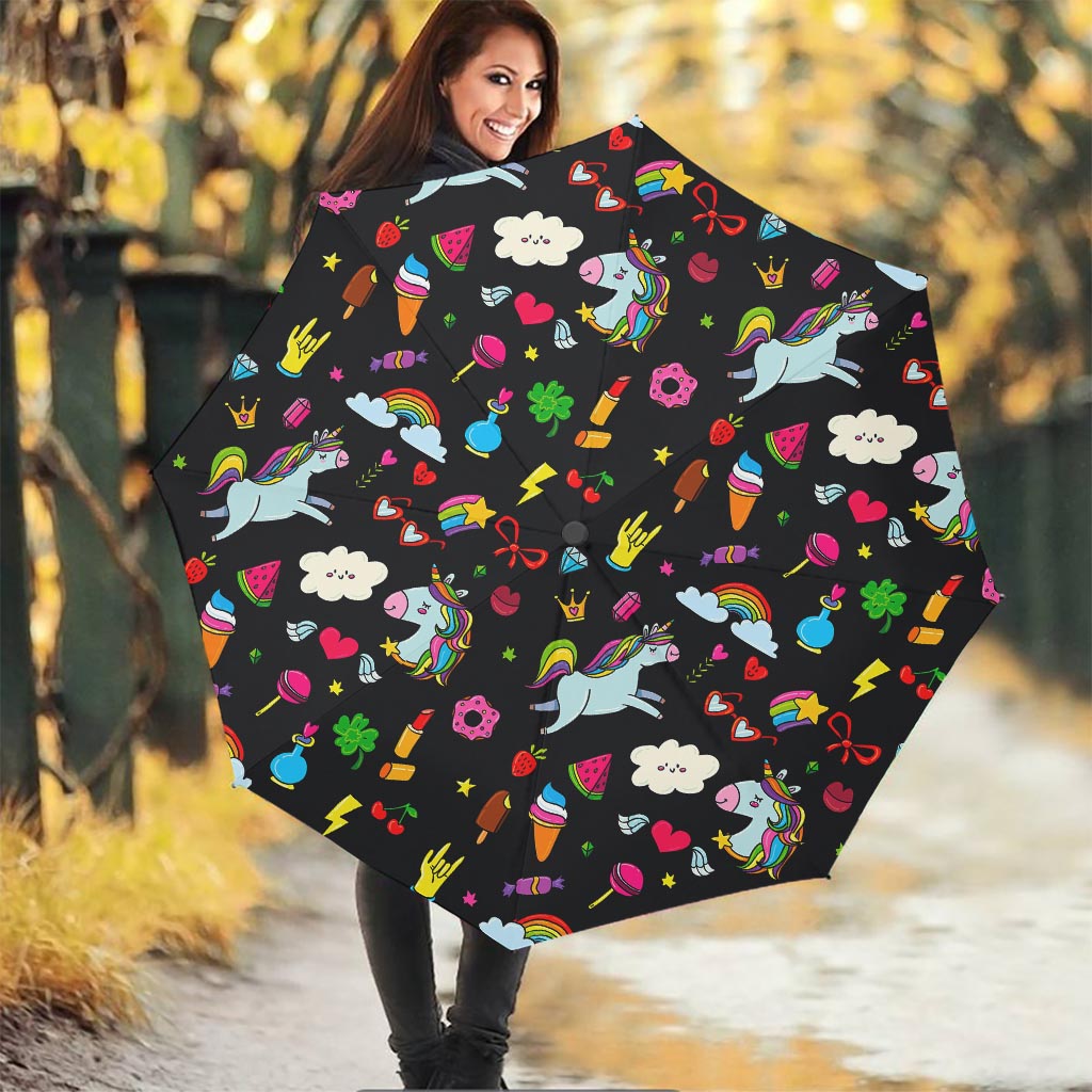 Black Girly Unicorn Pattern Print Foldable Umbrella