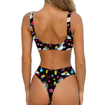 Black Girly Unicorn Pattern Print Front Bow Tie Bikini