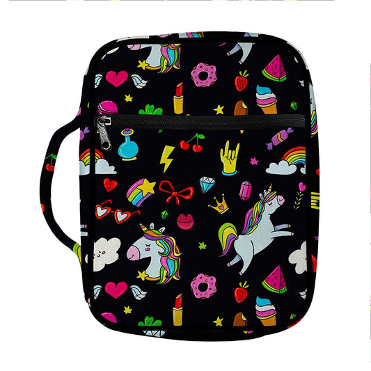 Black Girly Unicorn Pattern Print Front Pocket Bible Bag