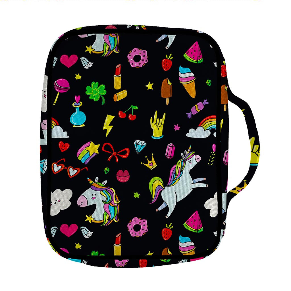 Black Girly Unicorn Pattern Print Front Pocket Bible Bag