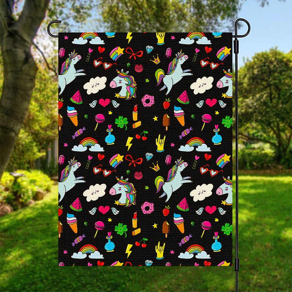 Black Girly Unicorn Pattern Print Garden Flag