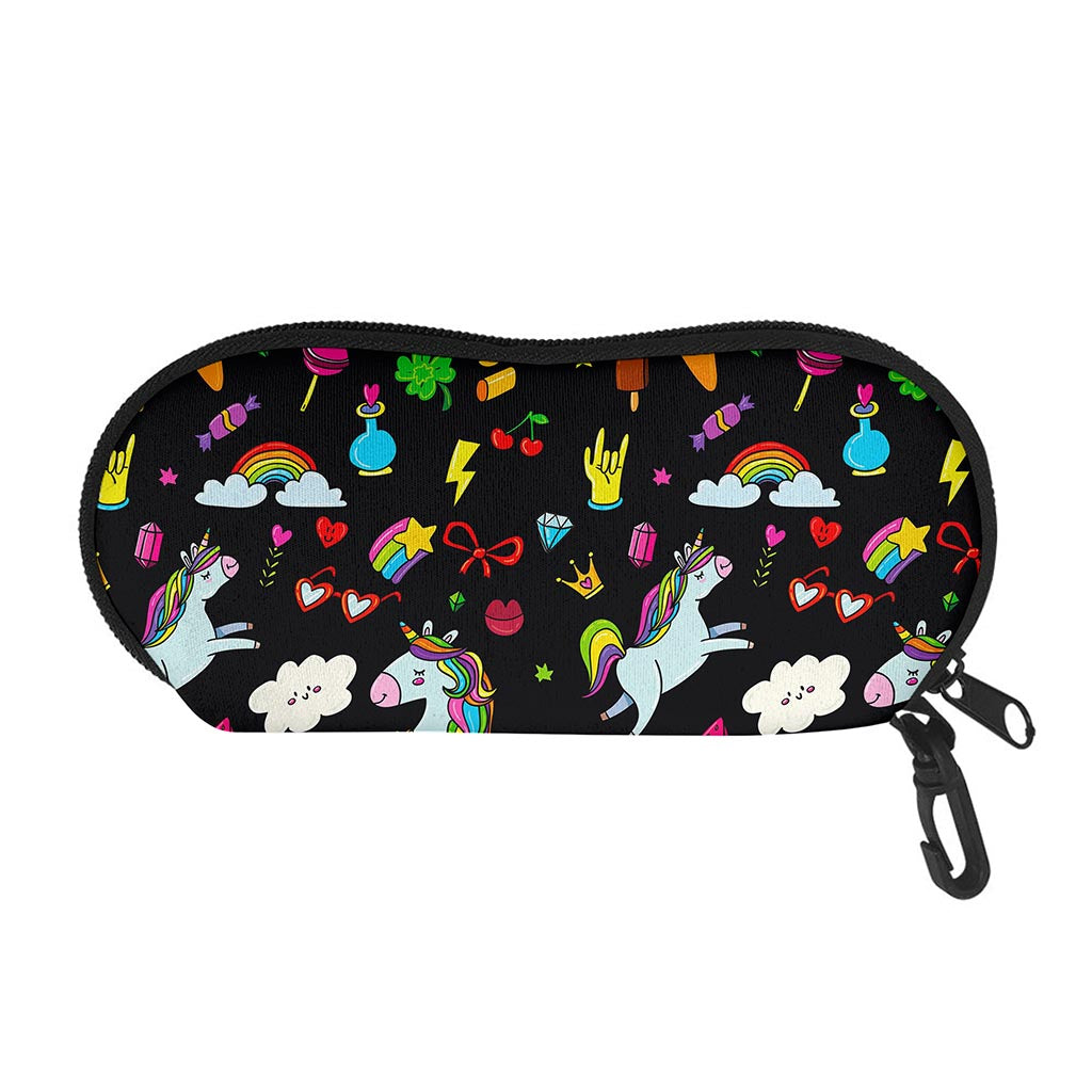Black Girly Unicorn Pattern Print Glasses Case
