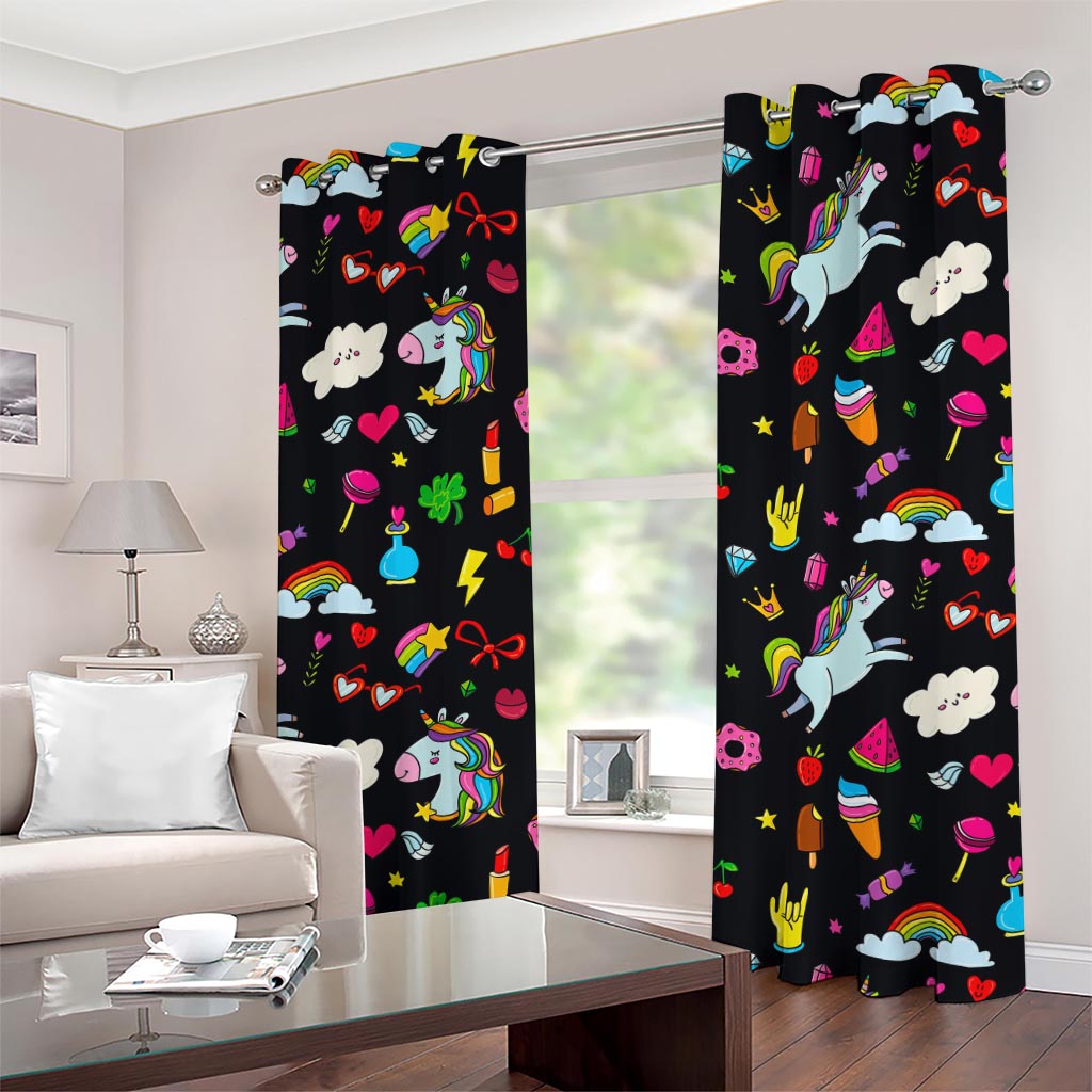 Black Girly Unicorn Pattern Print Grommet Curtains