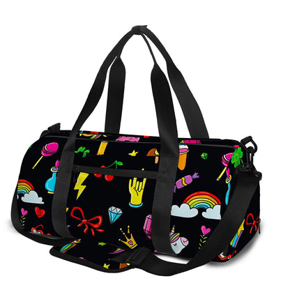 Black Girly Unicorn Pattern Print Gym Bag