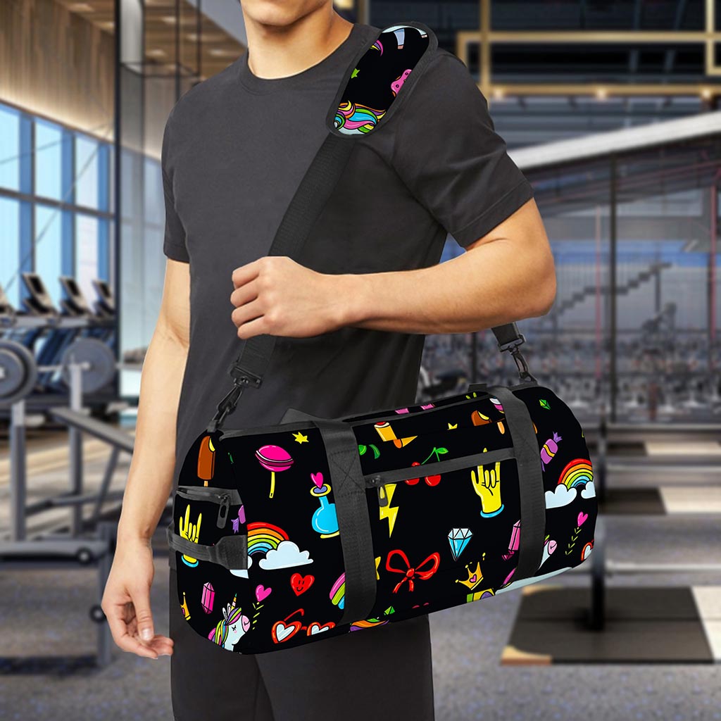 Black Girly Unicorn Pattern Print Gym Bag