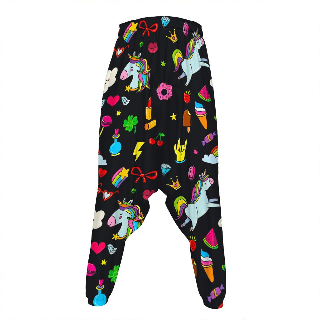 Black Girly Unicorn Pattern Print Hammer Pants
