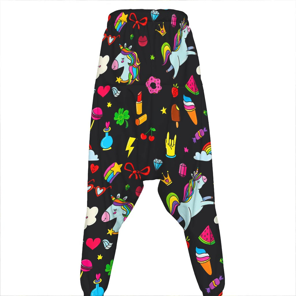 Black Girly Unicorn Pattern Print Hammer Pants
