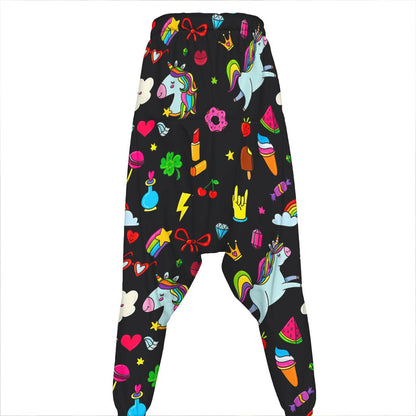 Black Girly Unicorn Pattern Print Hammer Pants