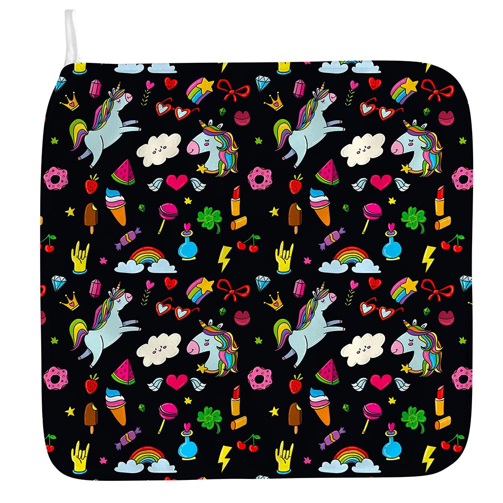 Black Girly Unicorn Pattern Print Hand Towel