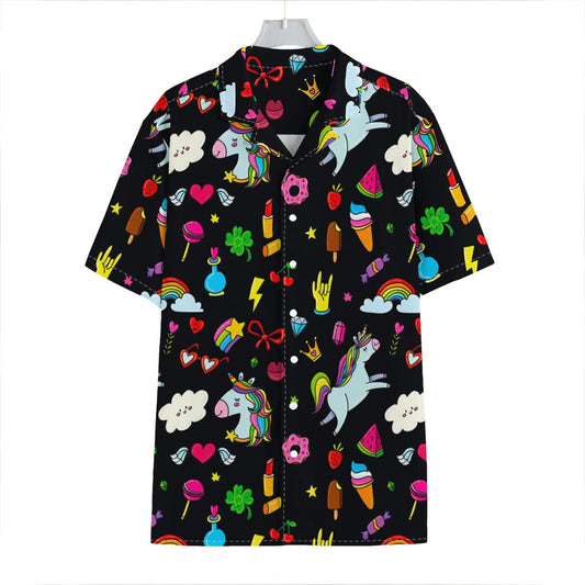 Black Girly Unicorn Pattern Print Hawaiian Shirt