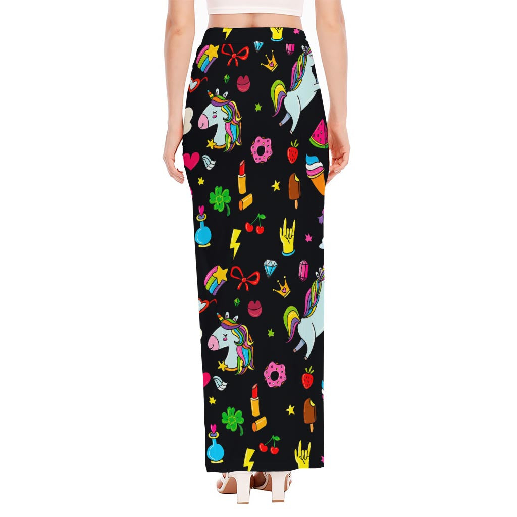 Black Girly Unicorn Pattern Print High Slit Maxi Skirt