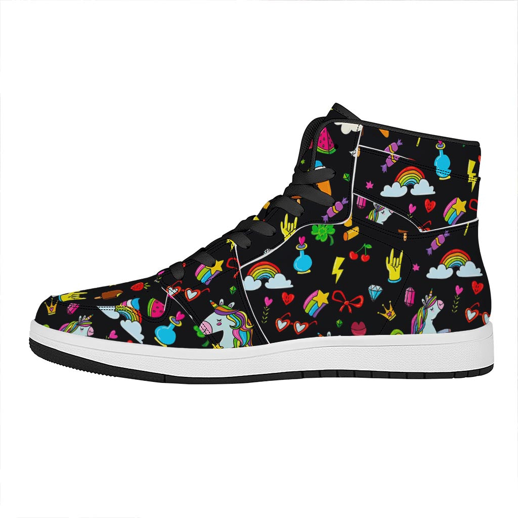 Black Girly Unicorn Pattern Print High Top Leather Sneakers