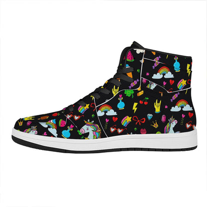 Black Girly Unicorn Pattern Print High Top Leather Sneakers
