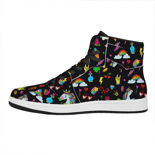 Black Girly Unicorn Pattern Print High Top Leather Sneakers