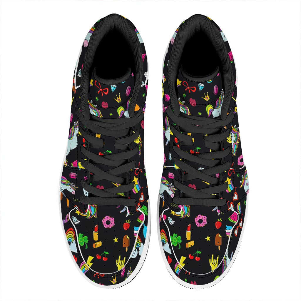 Black Girly Unicorn Pattern Print High Top Leather Sneakers