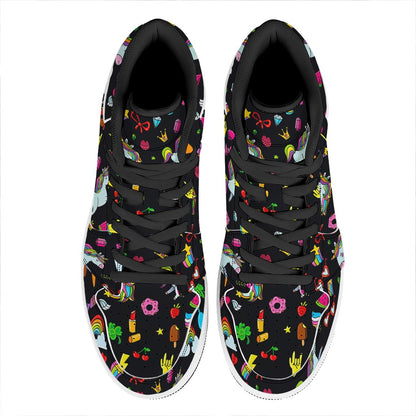 Black Girly Unicorn Pattern Print High Top Leather Sneakers