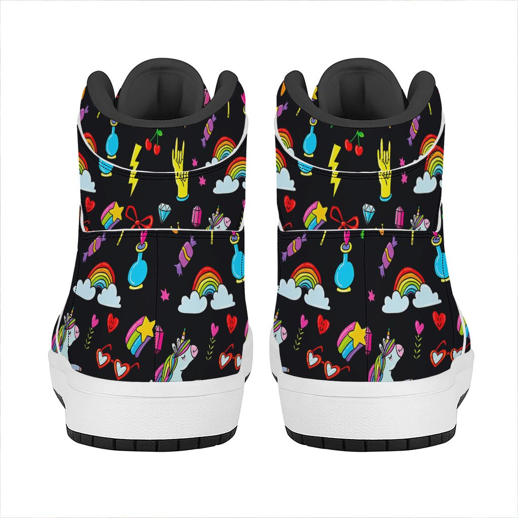 Black Girly Unicorn Pattern Print High Top Leather Sneakers