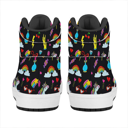 Black Girly Unicorn Pattern Print High Top Leather Sneakers