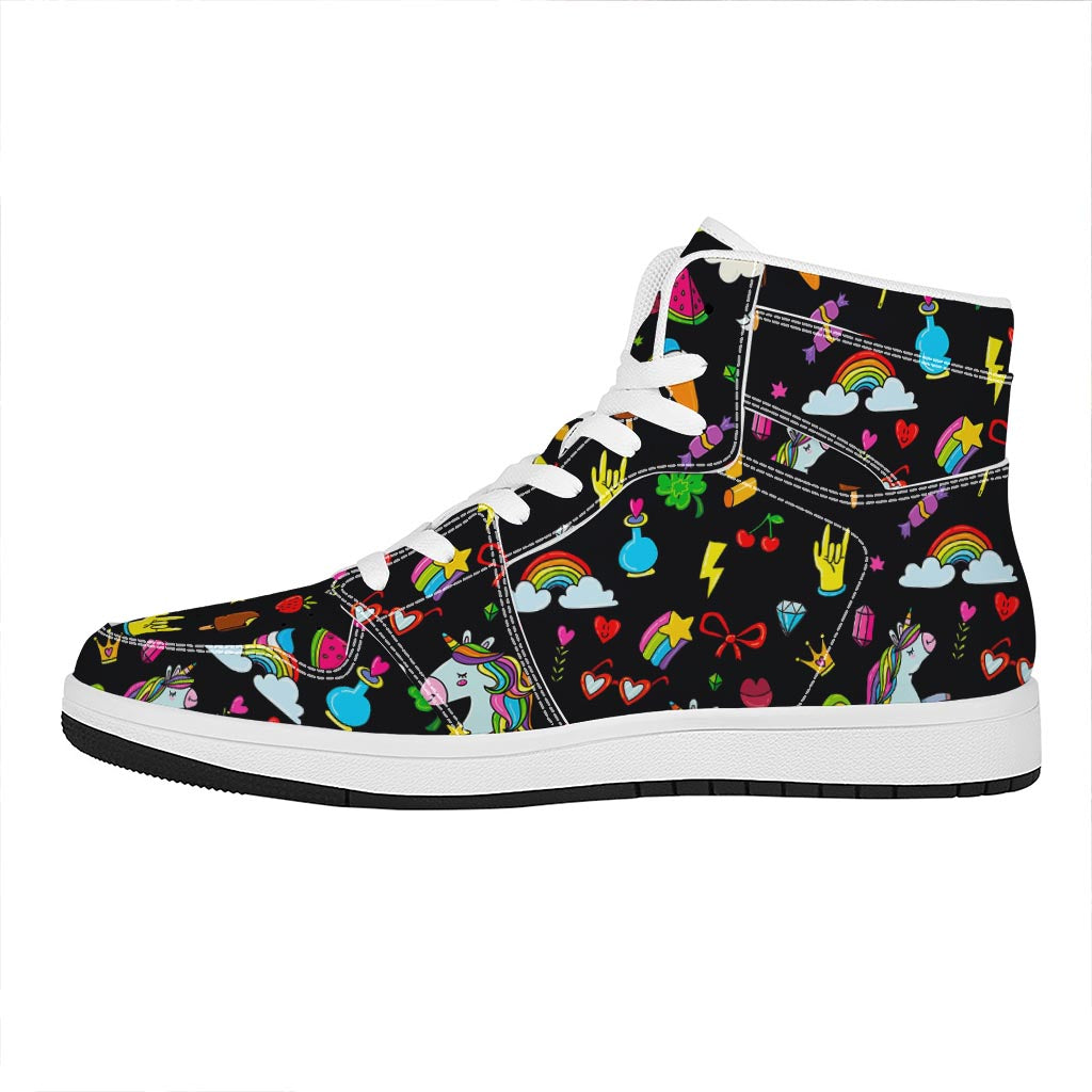 Black Girly Unicorn Pattern Print High Top Leather Sneakers