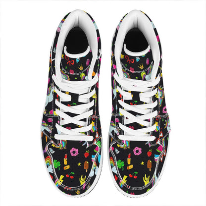 Black Girly Unicorn Pattern Print High Top Leather Sneakers