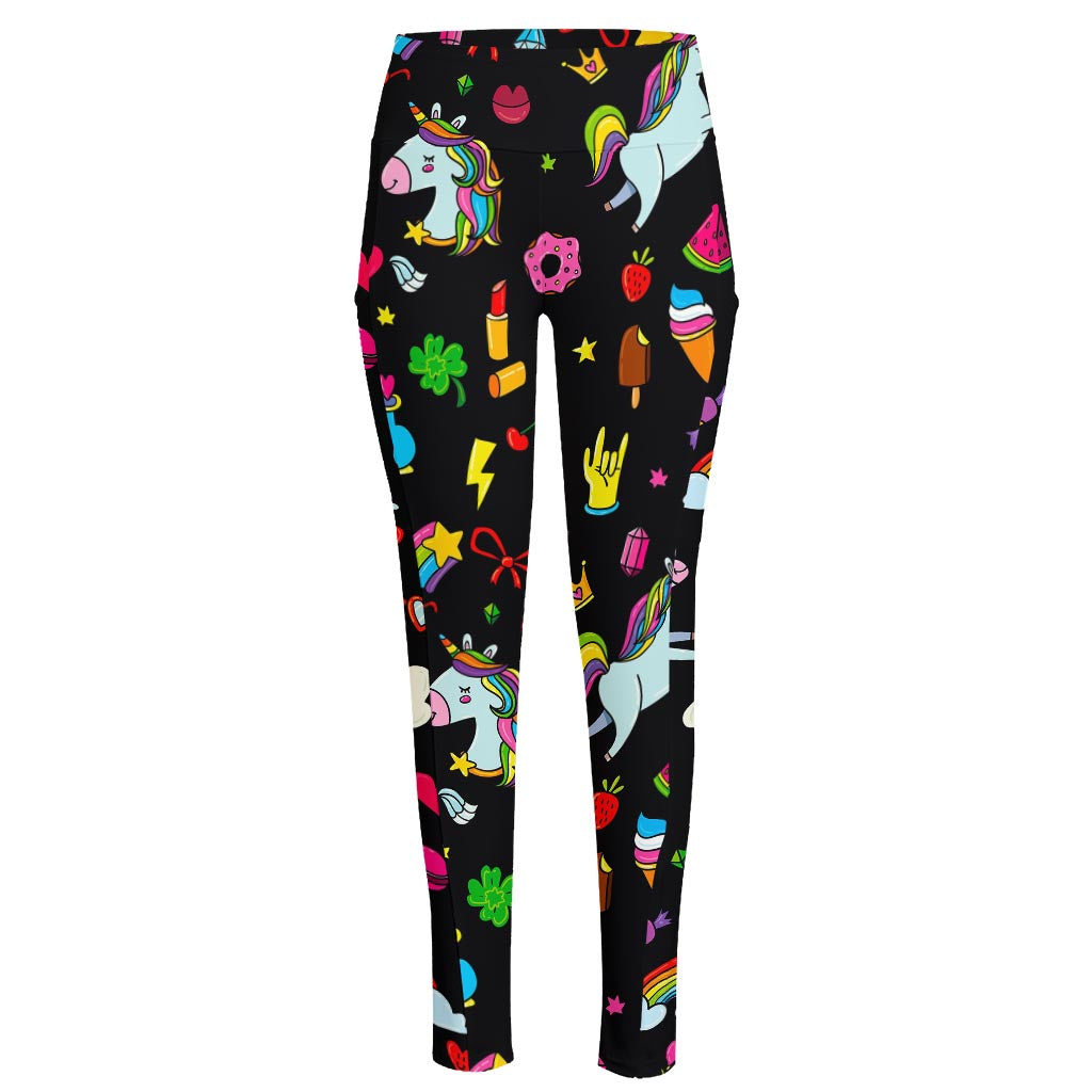 Black Girly Unicorn Pattern Print High-Waisted Pocket Leggings