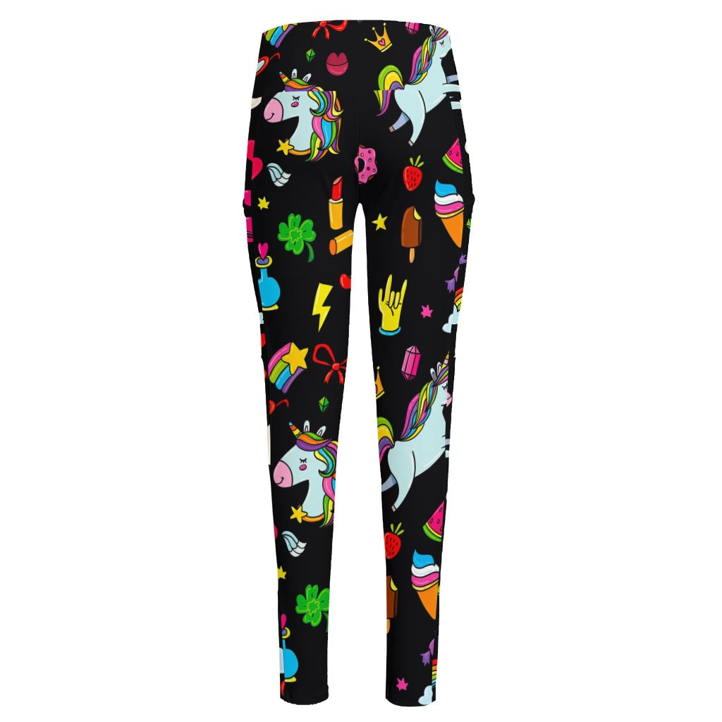 Black Girly Unicorn Pattern Print High-Waisted Pocket Leggings