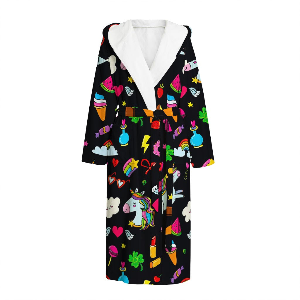 Black Girly Unicorn Pattern Print Hooded Bathrobe